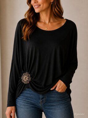 FIFTEEN TWENTY Black Long Sleeve Gathered Front Top Decorative Brooch Size L